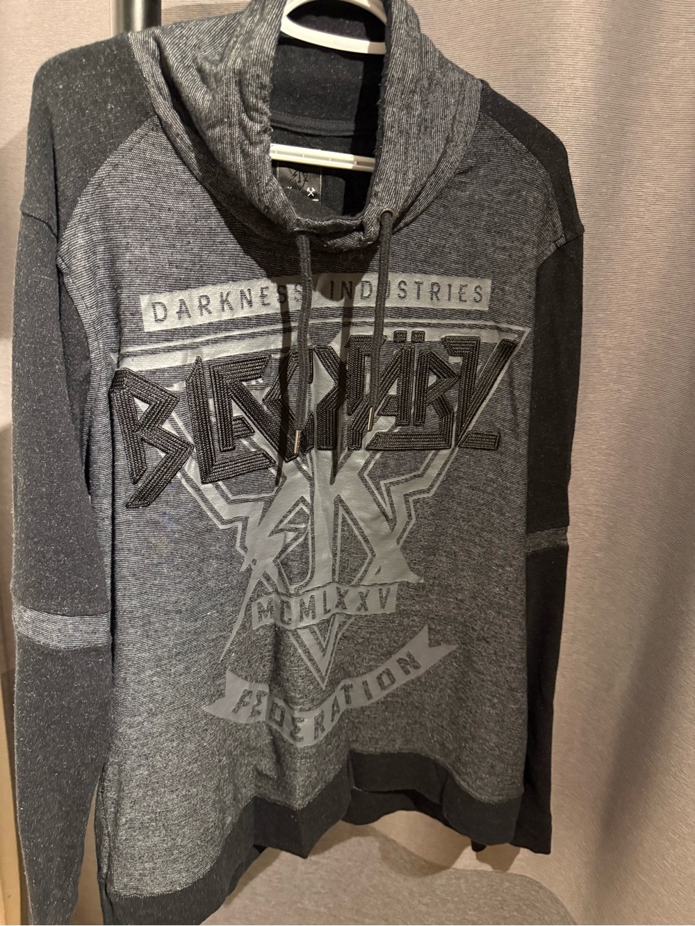 Dark Gray Graphic Turtleneck Sweater with Drawstring Cowl
